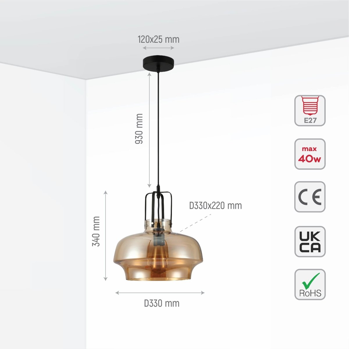 Size and specs of Black Metal Amber Glass Step Pendant Ceiling Light with E27 | TEKLED 158-19750
