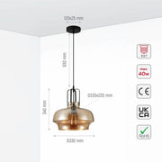 Size and specs of Black Metal Amber Glass Step Pendant Ceiling Light with E27 | TEKLED 158-19750
