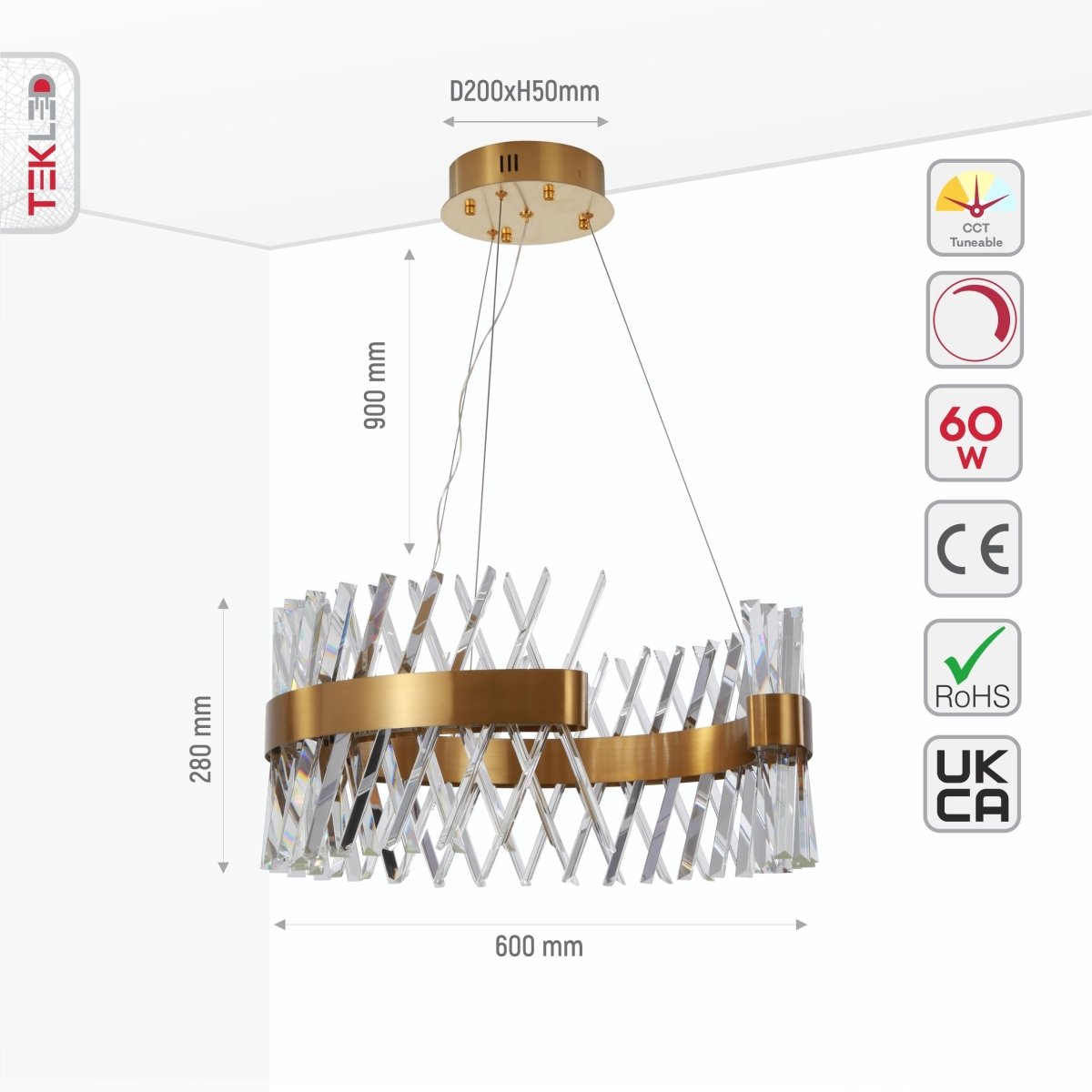 Size and specs of Brushed Bronze Metal Crystal Built-in LED Chandelier D600 60W Warm White | TEKLED 158-19844