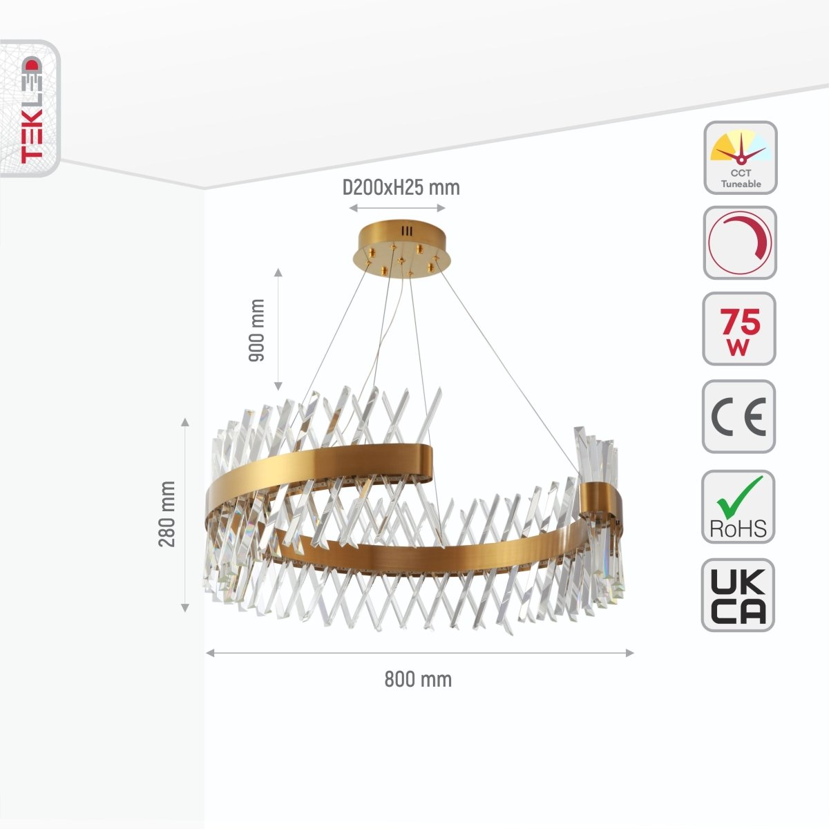 Size and specs of Brushed Bronze Metal Crystal Built-in LED Chandelier D600 60W Warm White | TEKLED 158-19846