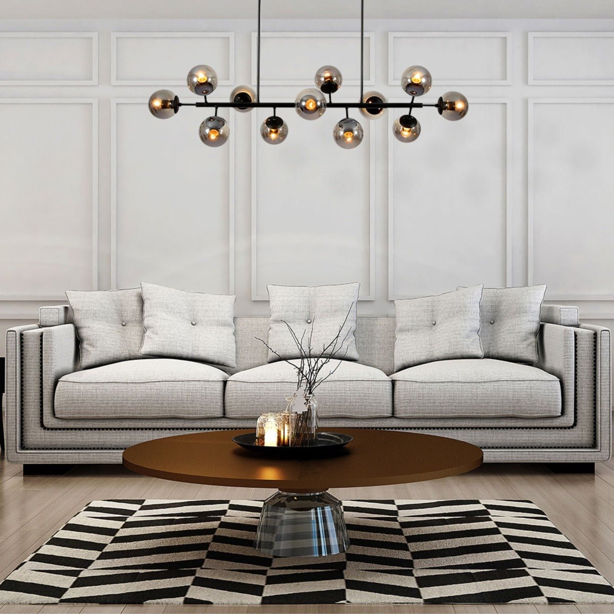 another living room design for Modern Molecule Style Amber Smoky Opal Glass Globe Gold Black Metal Body Island Chandelier Ceiling Light E27