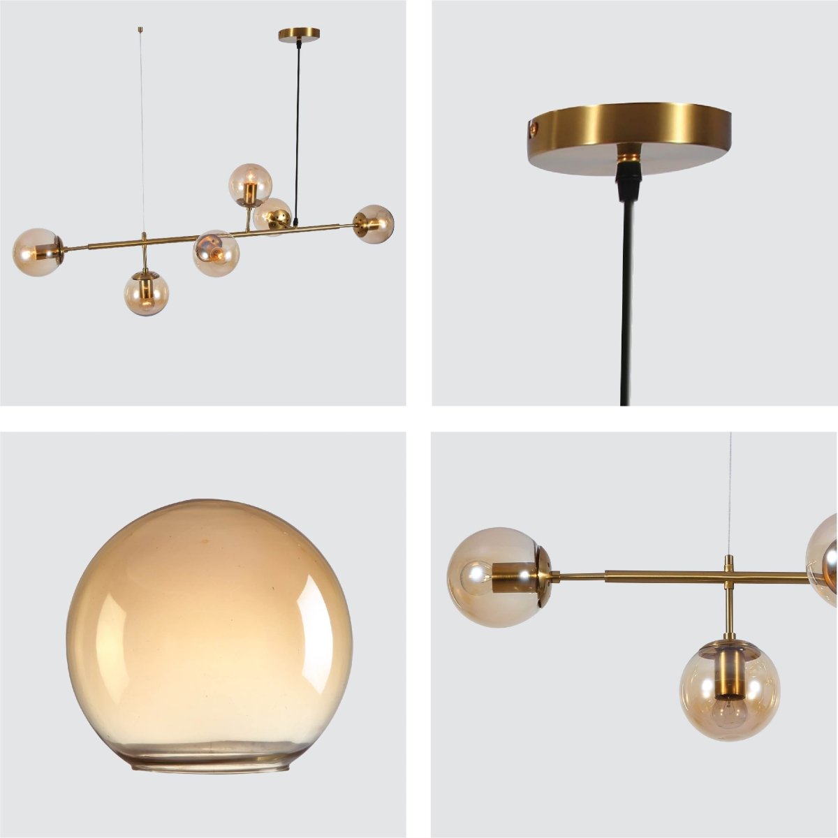 Detailed shots of Amber Globe Glass Gold Metal Island Chandelier Ceiling Light with 6xE27 Fitting | TEKLED 159-17462