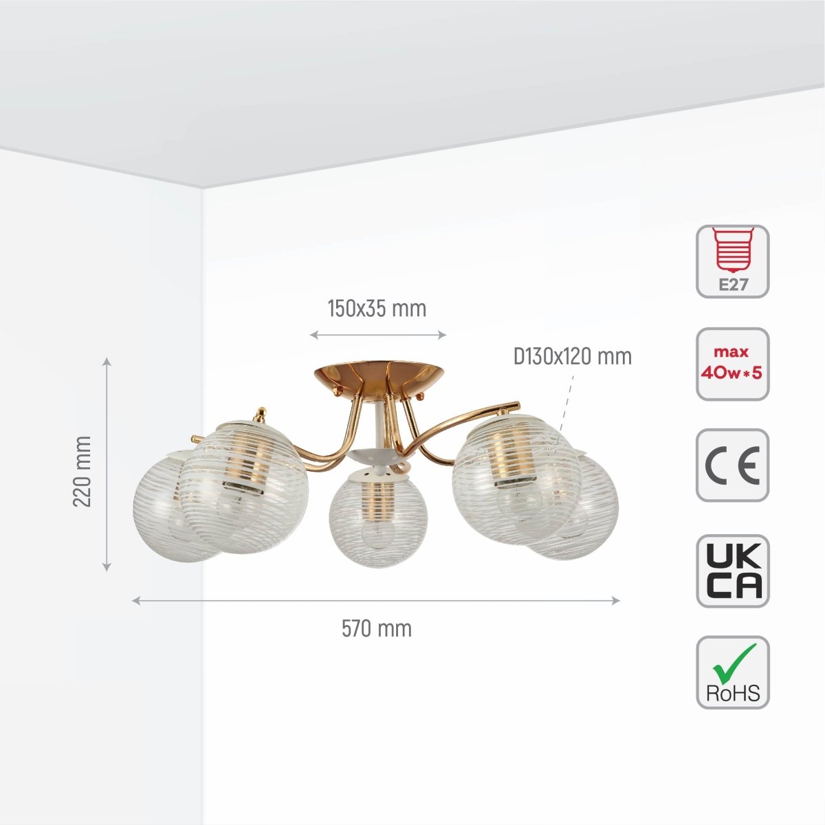 Size and specs of White Striped Clear Globe Gold Semi Flush Ceiling Light E27 | TEKLED 159-17604