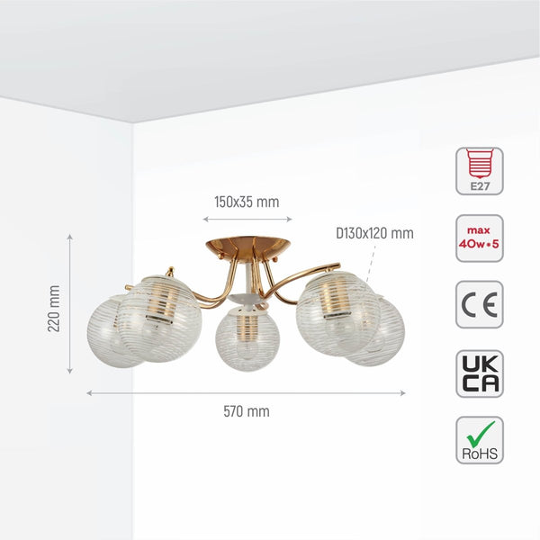 Size and specs of White Striped Clear Globe Gold Semi Flush Ceiling Light E27 | TEKLED 159-17604