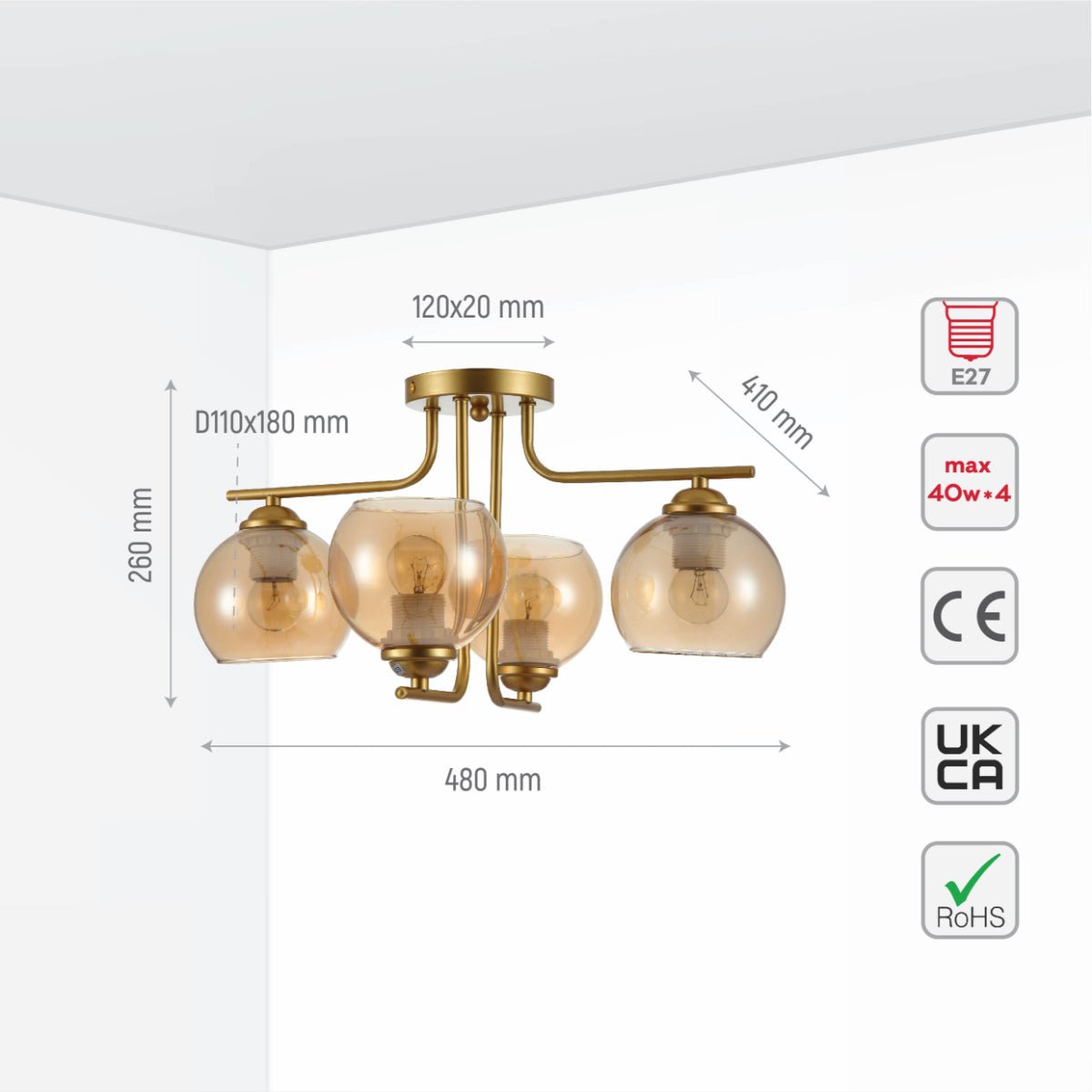 Size and specs of Gold L shape Metal Amber Dome Glass Ceiling Light with E27 Fittings | TEKLED 159-17628