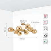 Size and specs of Amber Sides Open Globe Glass Gold Semi Flush Ceiling Light E27 | TEKLED 159-17638