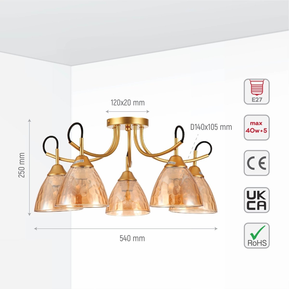 Size and specs of Amber Cone Glass Gold Semi Flush Ceiling Light E27 | TEKLED 159-17642