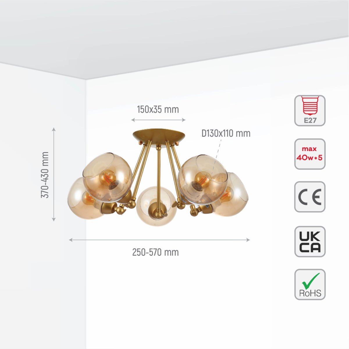 Size and specs of Gold Hinged Metal Amber Dome Glass Ceiling Light with E27 Fittings | TEKLED 159-17650