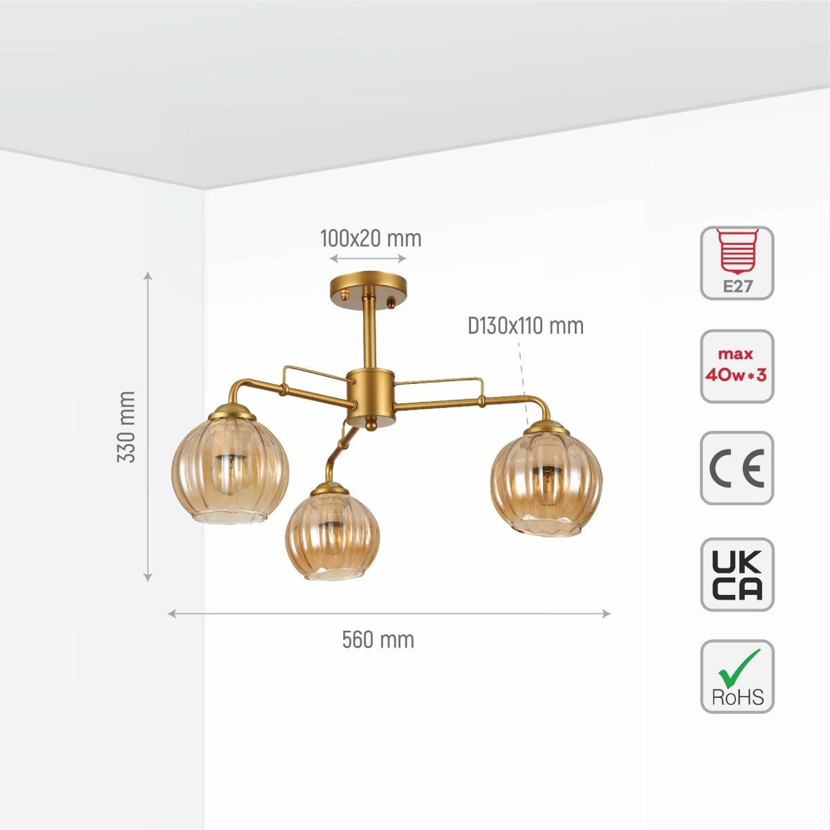Size and specs of Amber Reeded Globe Glass Gold Metal Industrial Vintage Retro Semi Flush Ceiling Light with E27 Fittings | TEKLED 159-17652