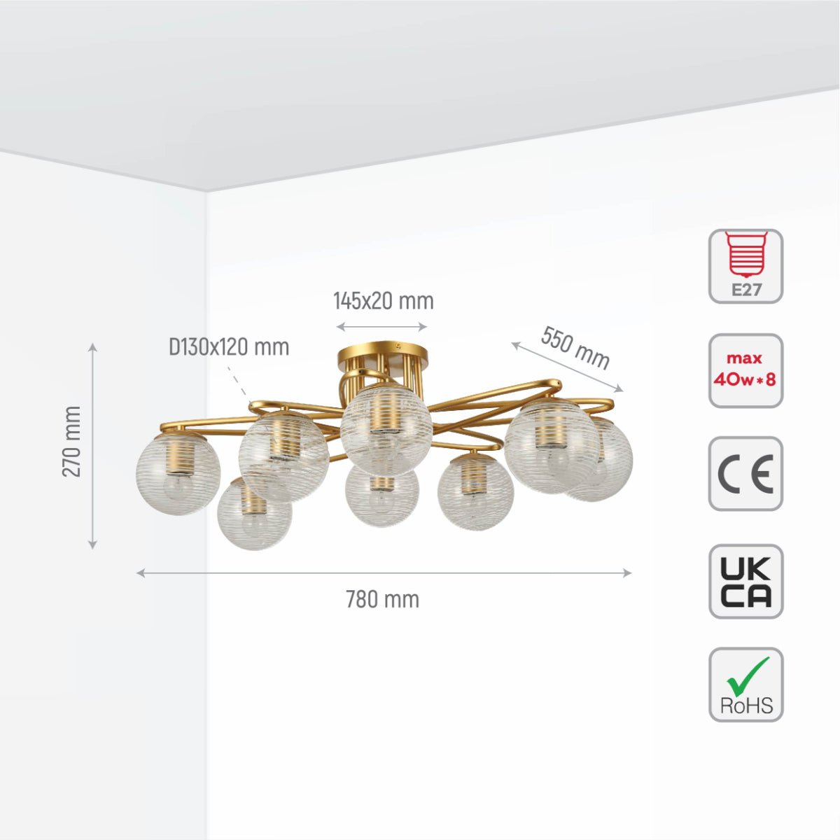 Size and specs of Gold Ellipse Metal Textured Globe Glass Modern Ceiling Light with E27 Fittings | TEKLED 159-17676