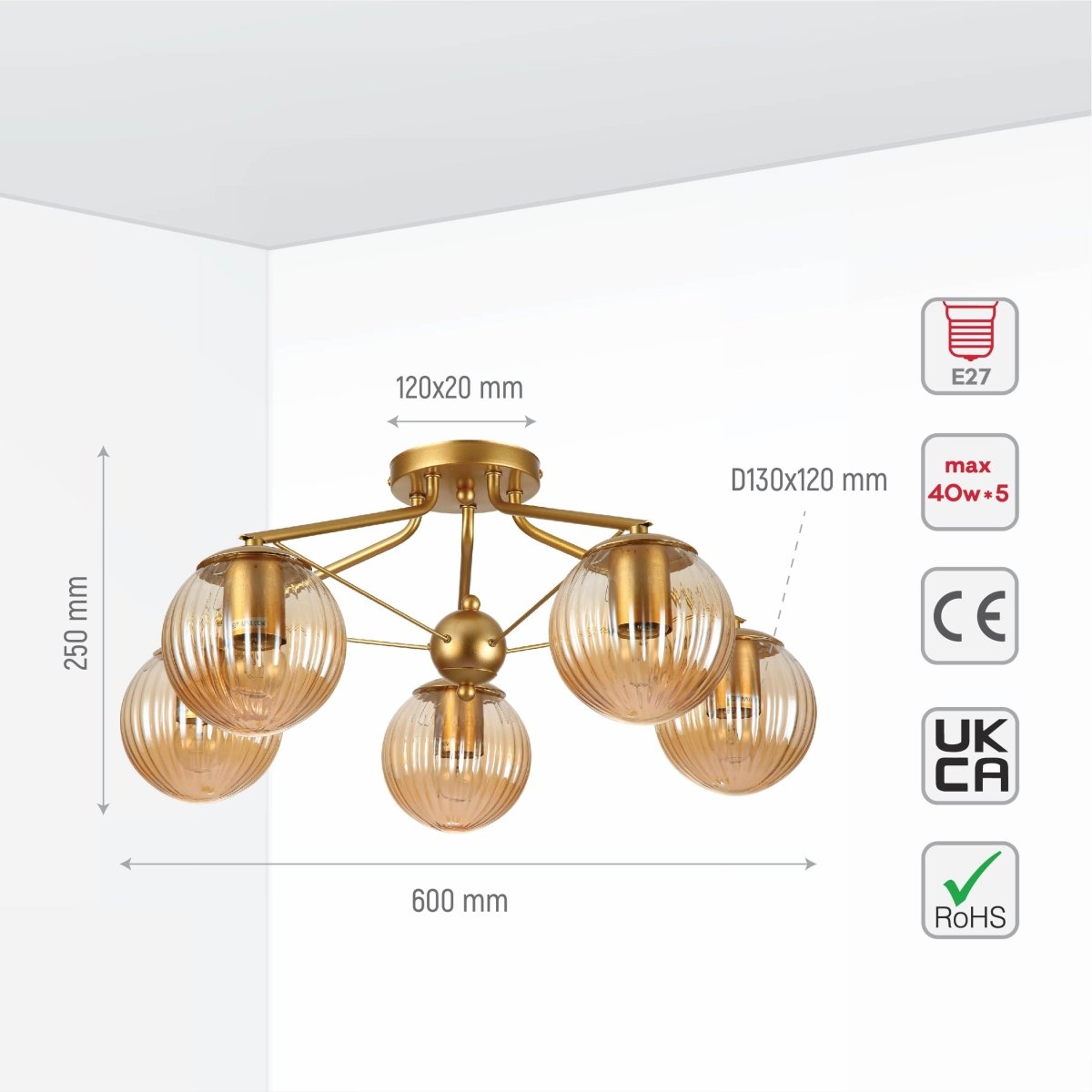 Size and specs of Amber Reeded Globe Gold Semi Flush Ceiling Light E27 | TEKLED 159-17680