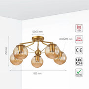 Size and specs of Amber Reeded Globe Gold Semi Flush Ceiling Light E27 | TEKLED 159-17680