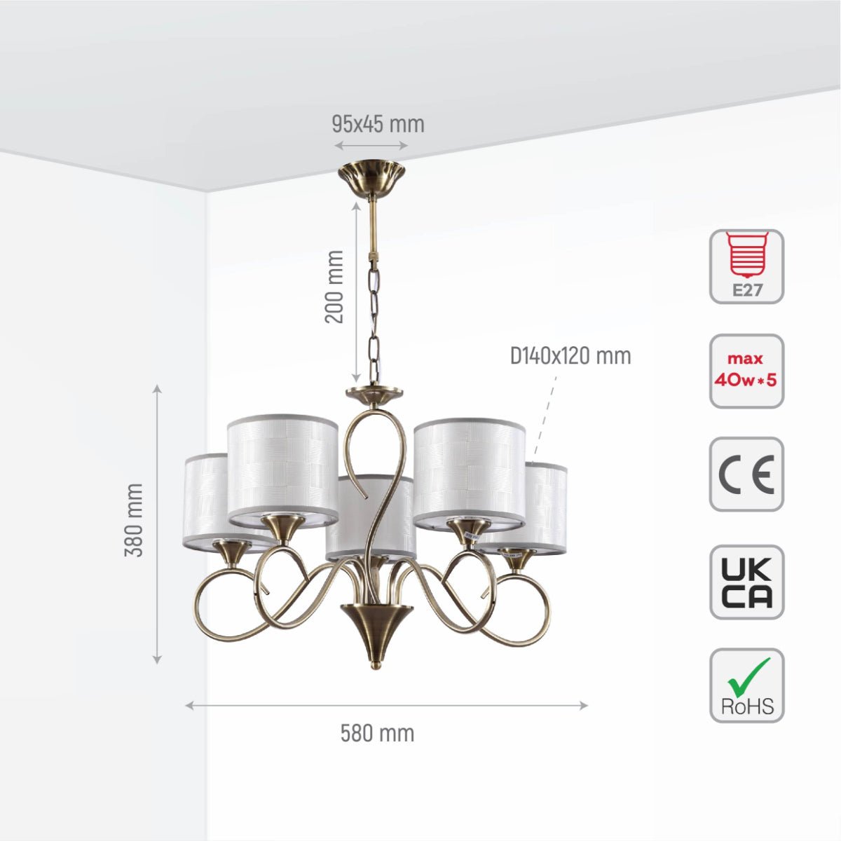 Size and specs of Antique Brass Arm Grey Cylinder Shaded Candle Vintage Chandelier Ceiling Light with E27 Fittings | TEKLED 159-17704