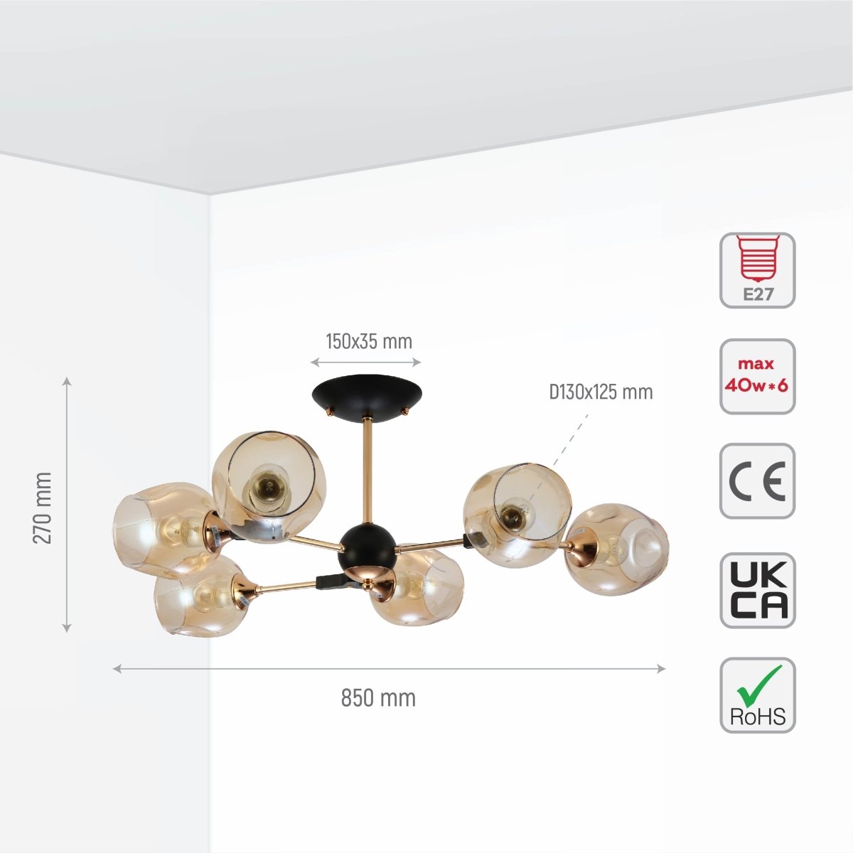 Size and specs of Amber Bell Glass Sputnik Gold Semi Flush Ceiling Light E27 | TEKLED 159-17722