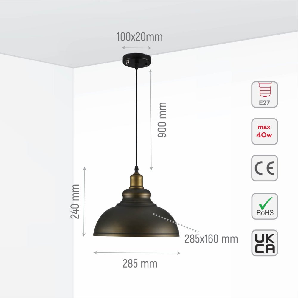 Size and specs of Black Dome Industrial Large Metal Ceiling Pendant Light with E27 Fitting | TEKLED 159-17744