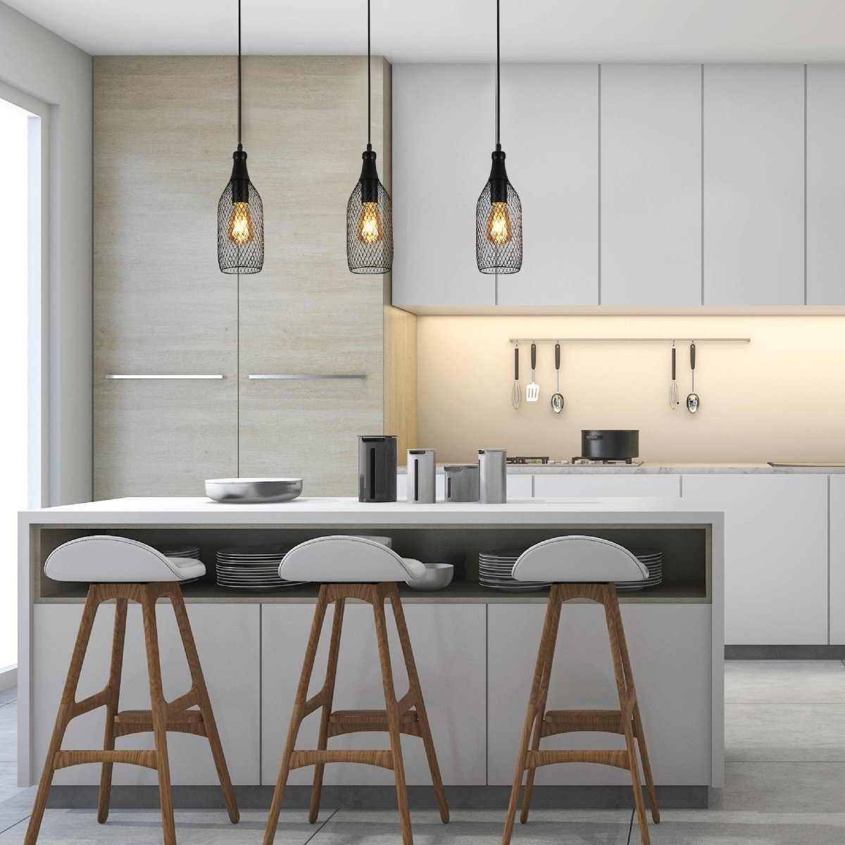 More interior usage of Wire Mesh Industrial Dome Pendant Ceiling Light with E27 | TEKLED 159-17752 Kitchen island top dining room