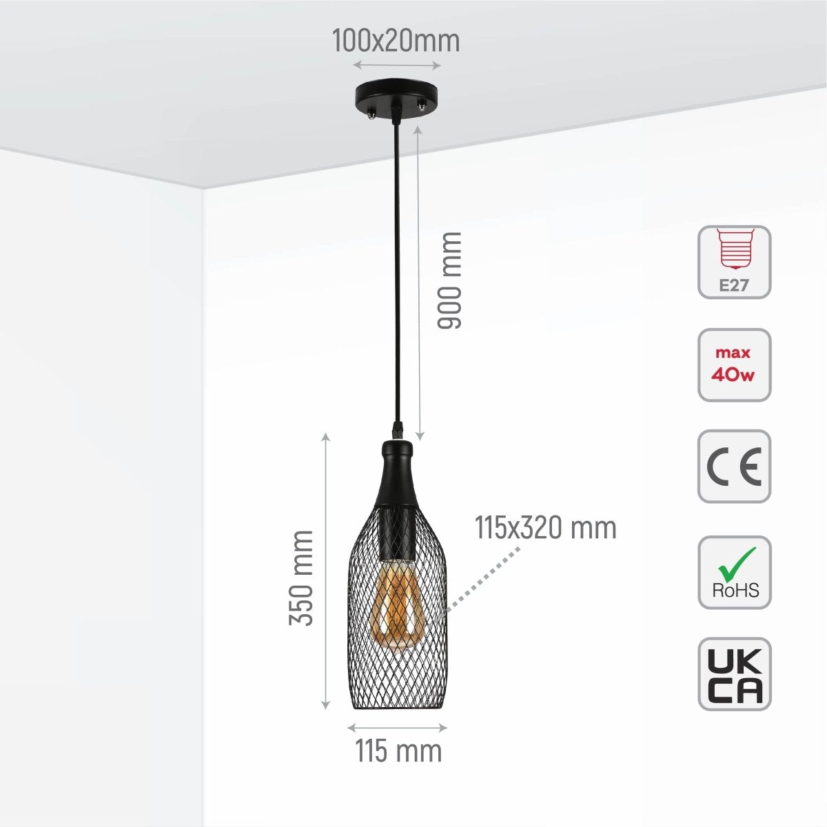 Size and specs of Wire Mesh Industrial Dome Pendant Ceiling Light with E27 | TEKLED 159-17752