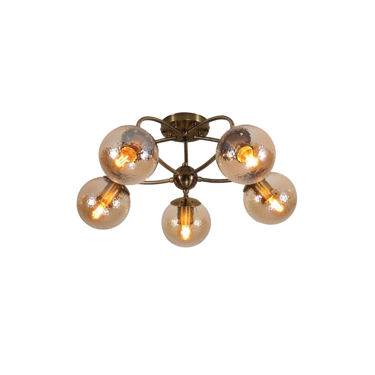 Main image of Textured Amber Globe Antique Brass Semi Circle Arm Semi Flush Ceiling Light | TEKLED 159-17758