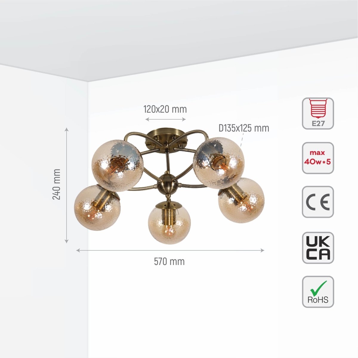 Size and specs of Textured Amber Globe Antique Brass Semi Circle Arm Semi Flush Ceiling Light | TEKLED 159-17758