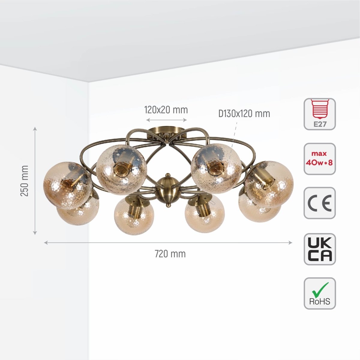 Size and specs of Textured Amber Globe Antique Brass Semi Circle Arm Semi Flush Ceiling Light | TEKLED 159-17760