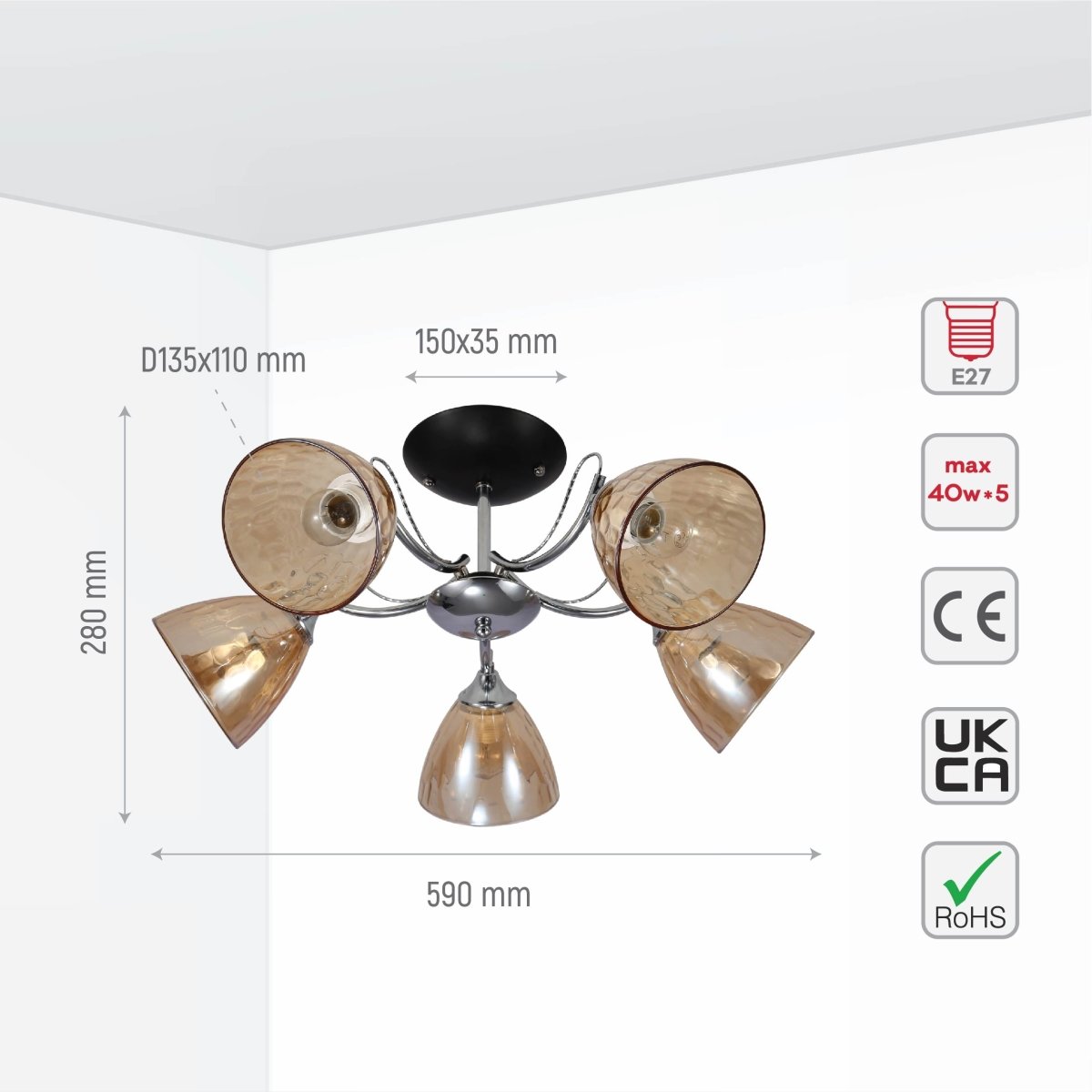 Size and specs of Textured Clear Cone Glass Chrome Semi Flush Ceiling Light | TEKLED 159-17764
