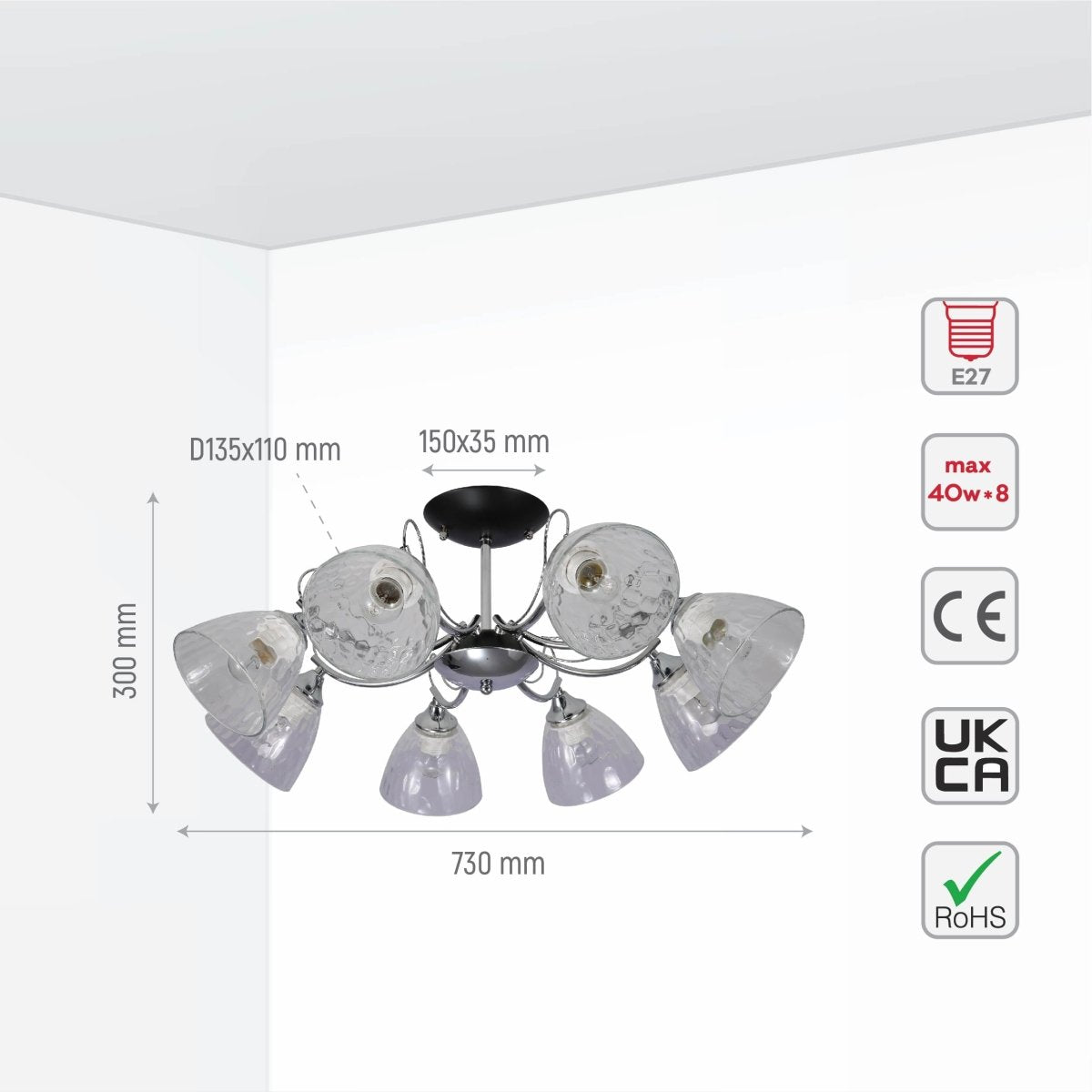 Size and specs of Textured Clear Cone Glass Chrome Semi Flush Ceiling Light | TEKLED 159-17766