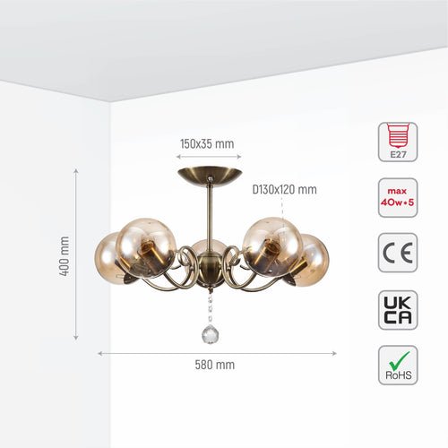 Size and specs of Amber Globe Glass Antique Brass Metal Body Vintage Retro Crystal Ceiling Light with E27 Fittings | TEKLED 159-17774