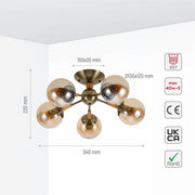 Size and specs of Amber Globe Glass Antique Brass Metal Wood Body Vintage Retro Molecule Ceiling Light with E27 Fittings | TEKLED 159-17780