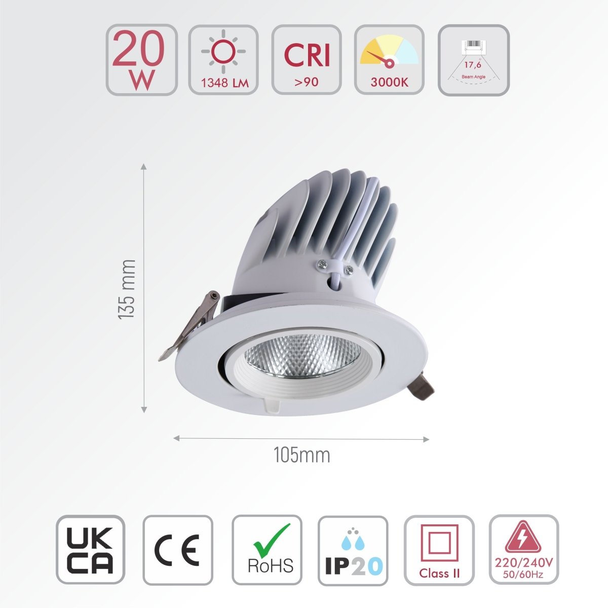 Size and specs of LED Accent Performance Swivel and Scoop Downlight 10W 20W 30W Warm White Cool White Cool Daylight CRI90 White | TEKLED warm 20w