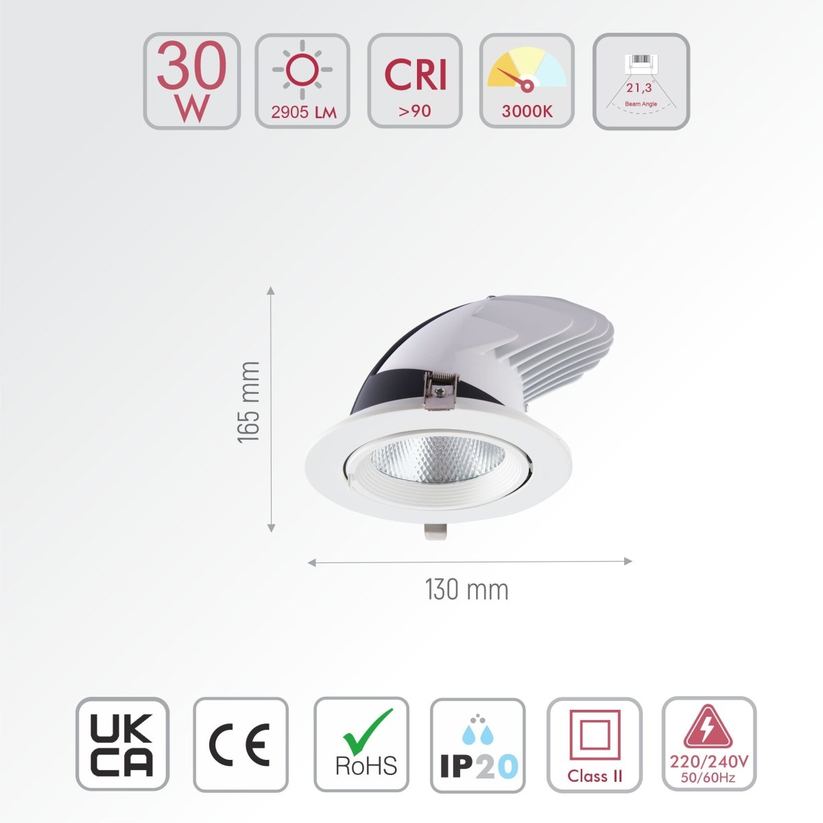Size and specs of LED Accent Performance Swivel and Scoop Downlight 10W 20W 30W Warm White Cool White Cool Daylight CRI90 White | TEKLED warm 30w