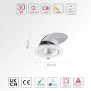 Size and specs of LED Accent Performance Swivel and Scoop Downlight 10W 20W 30W Warm White Cool White Cool Daylight CRI90 White | TEKLED warm 30w