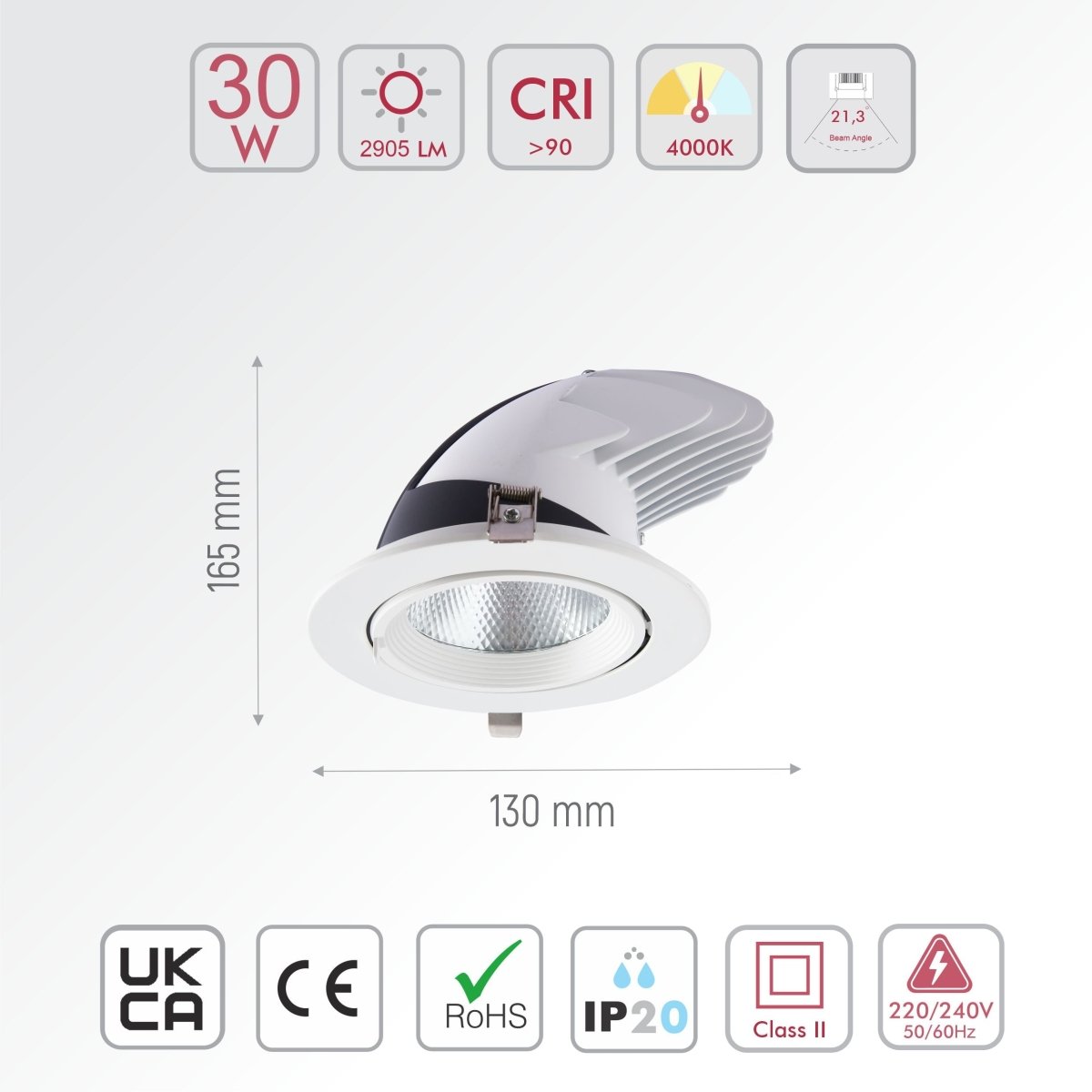 Size and specs of LED Accent Performance Swivel and Scoop Downlight 10W 20W 30W Warm White Cool White Cool Daylight CRI90 White | TEKLED 30w cool