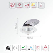 Size and specs of LED Accent Performance Swivel and Scoop Downlight 10W 20W 30W Warm White Cool White Cool Daylight CRI90 White | TEKLED 30w daylight
