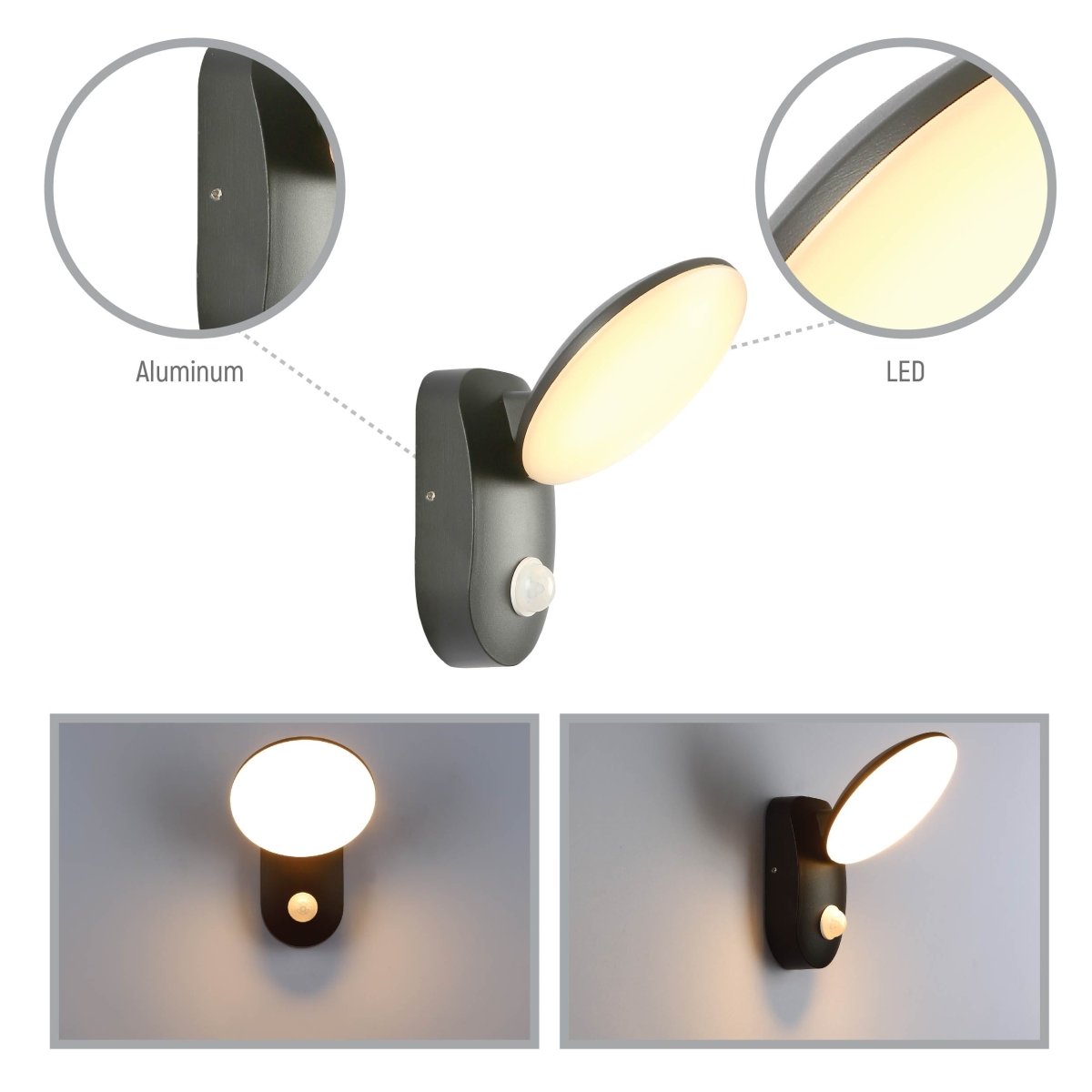 Detailed shots of Black UFO LED Outdoor Wall Light with PIR Sensor | TEKLED 182-03371 close up shots