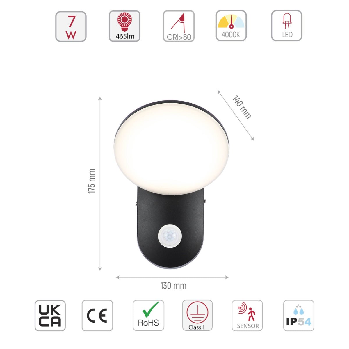 Size and specs of Black UFO LED Outdoor Wall Light with PIR Sensor | TEKLED 182-03373
