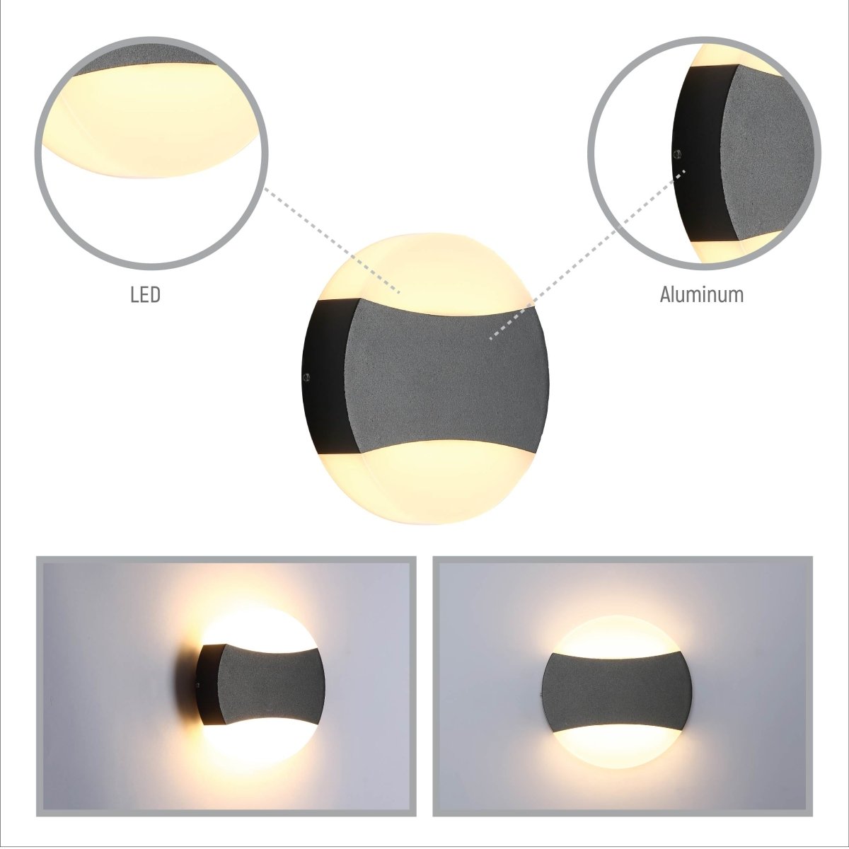 Close up shots of Black Opal Round Up Down Outdoor Modern LED Wall Light | TEKLED 182-03378