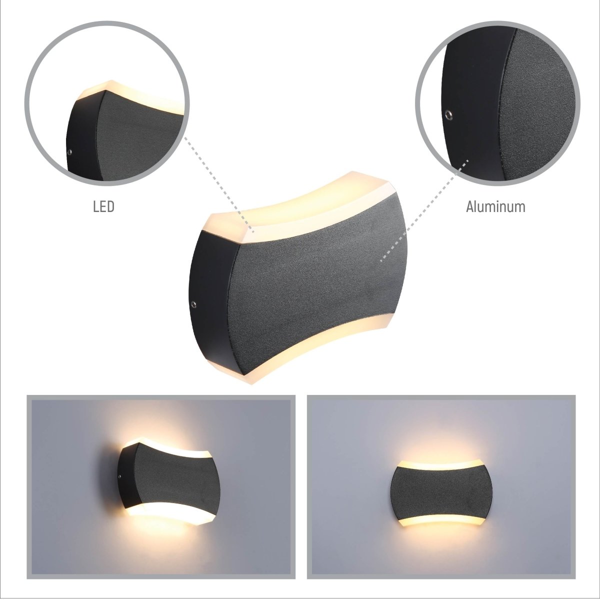 Close up shots of Black Quatro Arc Up Down Outdoor Modern LED Wall Light | TEKLED 182-03380