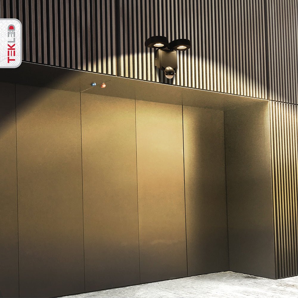 Wall-A Double Head Security Floodlight with PIR Sensor 20W Cool White 4000K in use in commercial setting