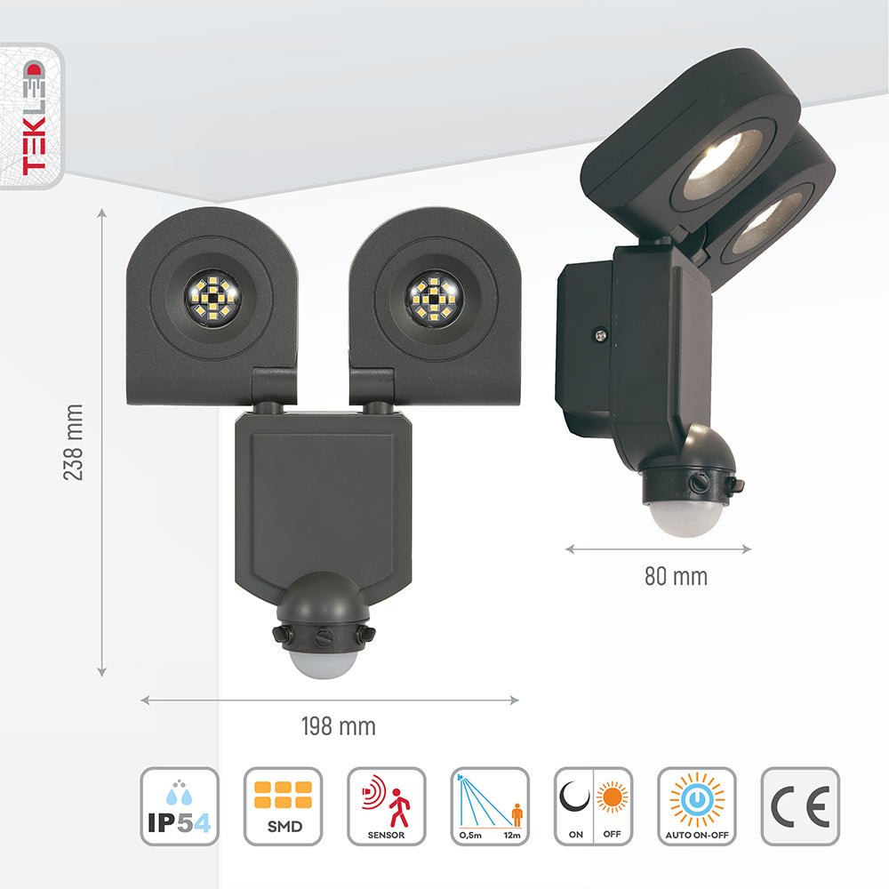 Graphical representation of dimensions and features of Wall-A Double Head Security Floodlight with PIR Sensor 20W Cool White 4000K