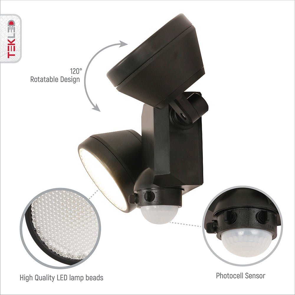 Close up of LEDs and photo cell sensor of Wall-E Double Head Security Floodlight with PIR Sensor 20W Cool White 4000K
