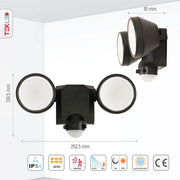 Graphical representation of dimensions and features of Wall-E Double Head Security Floodlight with PIR Sensor 20W Cool White 4000K