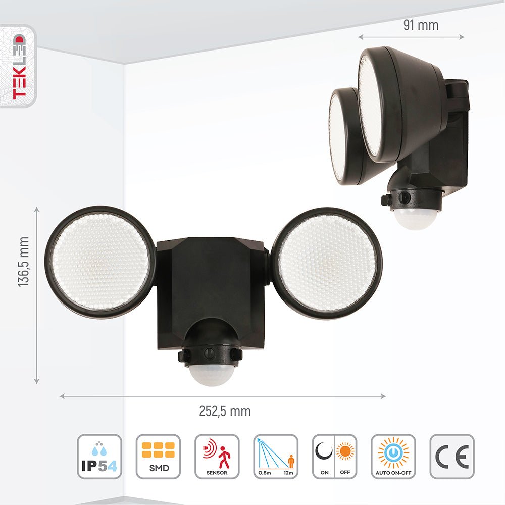 Graphical representation of dimensions and features of Wall-E Double Head Security Floodlight with PIR Sensor 20W Cool White 4000K