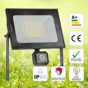 An outdoor LED flood light with a black casing and various certifications including A+, CE, RoHS, IP65, and eco-friendly.