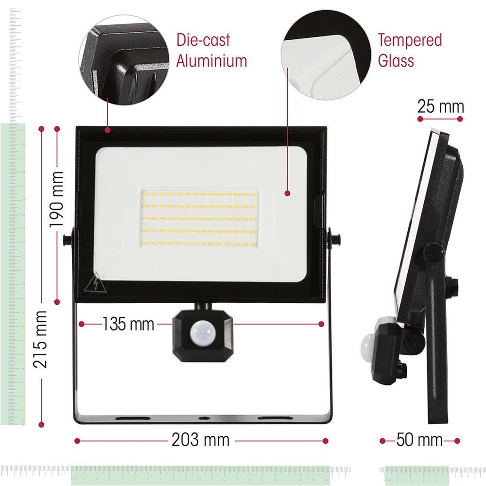 Dimensions of Pegasus Flood Light with PIR Motion Sensor 50W 4000K Cool White IP65