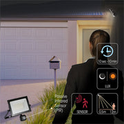 Outdoor lighting illuminates a woman walking near a house. PIR sensor, timer, LUX, and sensor range (0.5m - 12m) information is displayed.