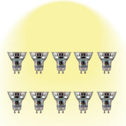 Ten LED light bulbs are displayed on a gradient yellow background, arranged in two rows of five.