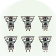 Six dimmable LED reflector bulbs arranged on a pale green background, ideal for accent lighting.