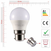 Size of and certificates of Ursa LED Golf Ball G45 Dimmble B22 Bayonet Cap 5W 2700K Warm White 4000K Cool White Pack of 4