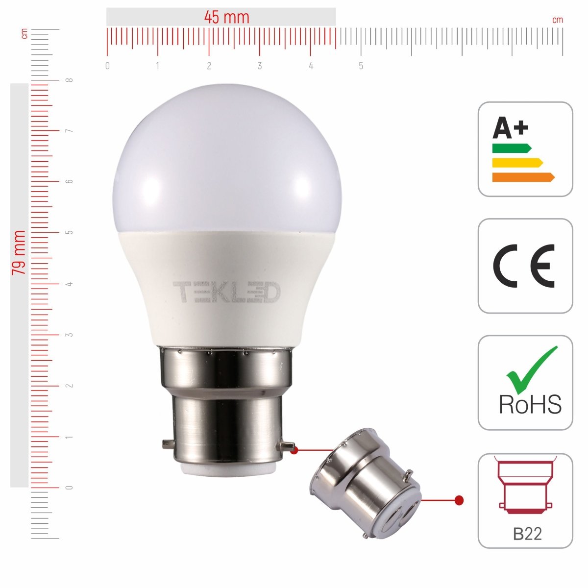 Size of and certificates of Ursa LED Golf Ball G45 Dimmble B22 Bayonet Cap 5W 2700K Warm White 4000K Cool White Pack of 4