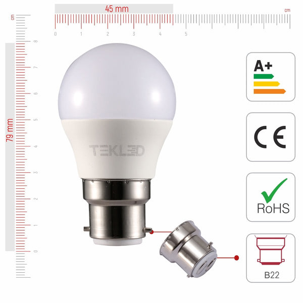 Size of and certificates of Ursa LED Golf Ball G45 Dimmble B22 Bayonet Cap 5W 2700K Warm White 4000K Cool White Pack of 4